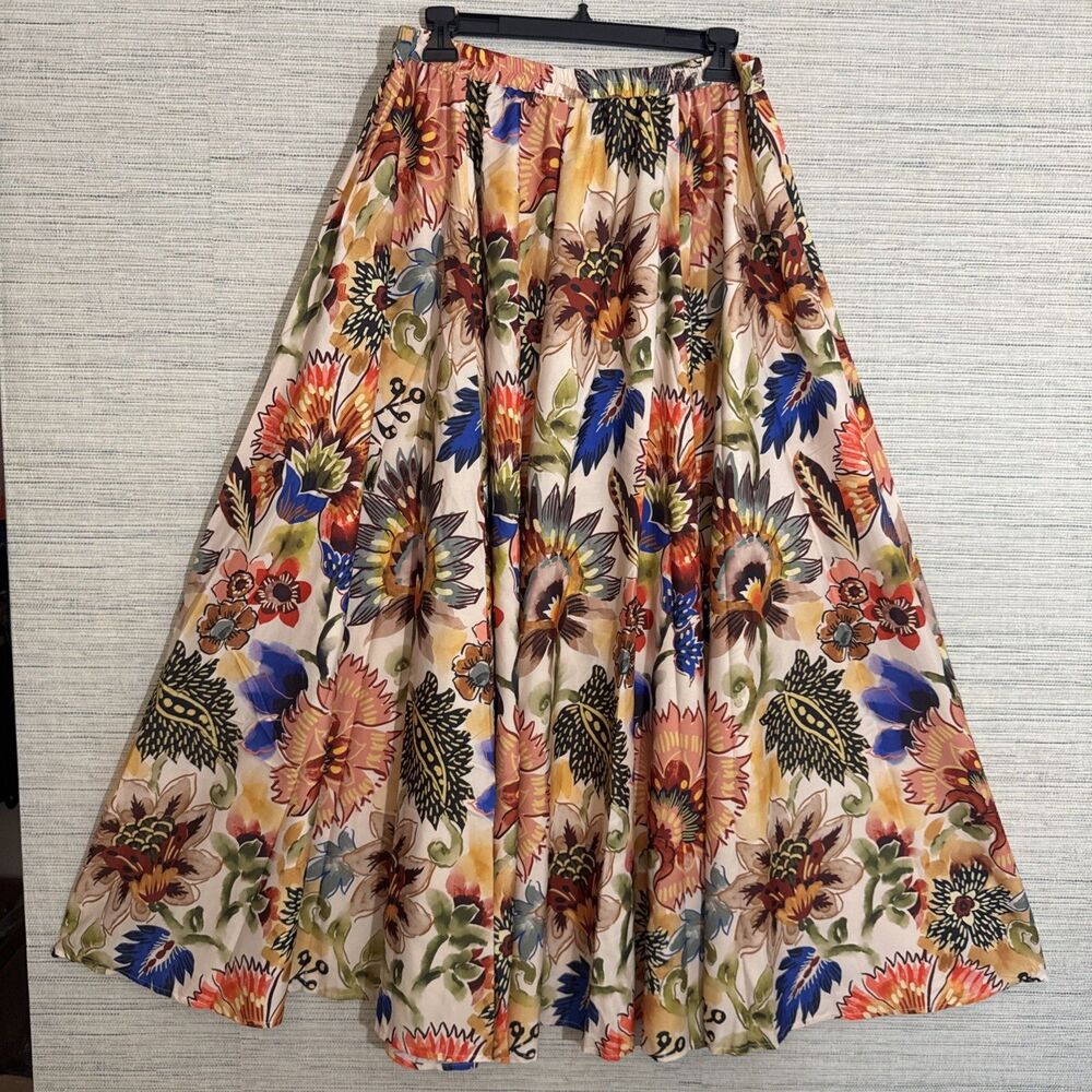Calypso St. Barth Fall Satin Full Long Maxi Skirt Bold And Vibrant Boho Small